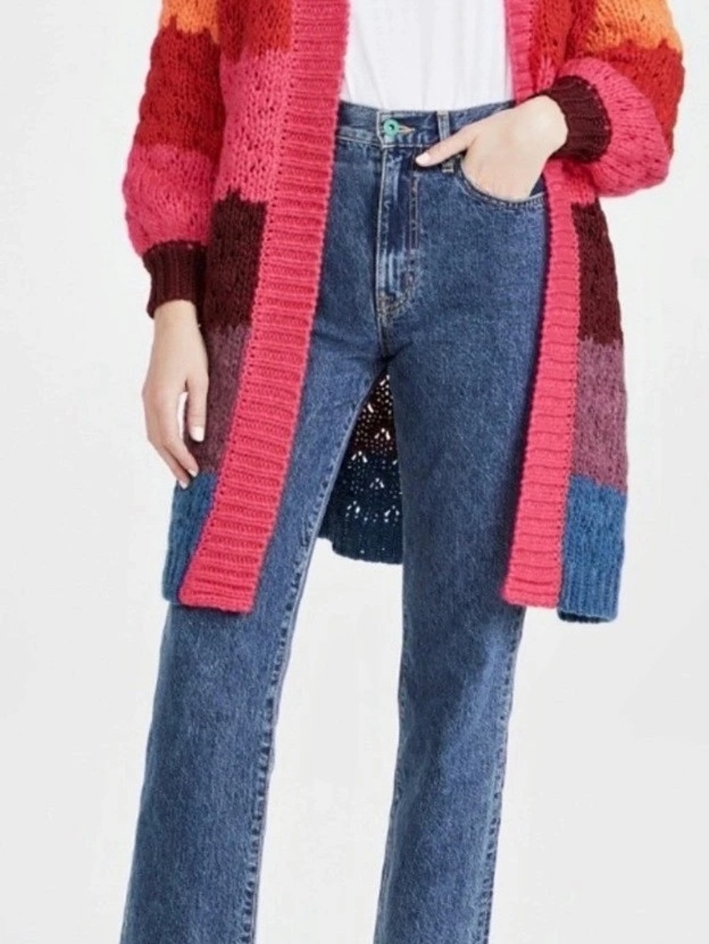 FARM RIO Striped Oversized Cardigan Small Multicolor Knit Puff Sleeve Crochet